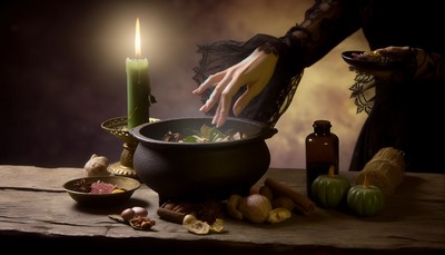 Feminine hands carefully mix potion ingredients in an ancient cauldron on an old wooden table, with a green candle burning softly in the background. The scene captures the delicate process of creating a magical spell for abundance, highlighted by the warm glow of candlelight, enhancing the mystical ambiance.
