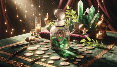 A completed potion in a clear glass bottle, elegantly placed on an altar adorned with symbols of prosperity, including coins, green leaves, and crystals like green aventurine. The setting features a velvet cloth and small figurines, highlighting wealth and success in a warm, inviting atmosphere that radiates mystique and enchantment.