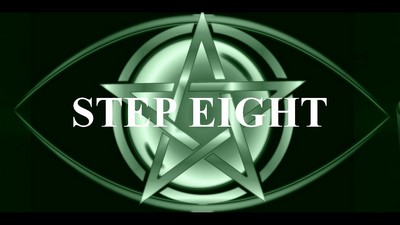 The image you’ve uploaded features a dark green background with a complex silver pentagram design in the center. Overlaid on the pentagram is bold white text that reads “STEP EIGHT.” The overall aesthetic of the image is mysterious and enigmatic, with the metallic elements of the pentagram and ovals giving it a reflective quality.