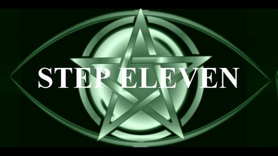 The image you’ve uploaded features a dark green background with a complex silver pentagram design in the center. Overlaid on the pentagram is bold white text that reads “STEP ELEVEN.” The overall aesthetic of the image is mysterious and enigmatic, with the metallic elements of the pentagram and ovals giving it a reflective quality.