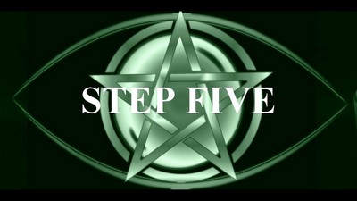 The image you’ve uploaded features a dark green background with a complex silver pentagram design in the center. Overlaid on the pentagram is bold white text that reads “STEP FIVE.” The overall aesthetic of the image is mysterious and enigmatic, with the metallic elements of the pentagram and ovals giving it a reflective quality.