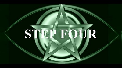 The image you’ve uploaded features a dark green background with a complex silver pentagram design in the center. Overlaid on the pentagram is bold white text that reads “STEP FOUR.” The overall aesthetic of the image is mysterious and enigmatic, with the metallic elements of the pentagram and ovals giving it a reflective quality.