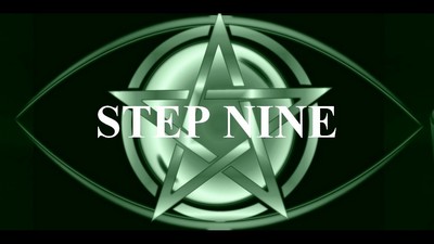 The image you’ve uploaded features a dark green background with a complex silver pentagram design in the center. Overlaid on the pentagram is bold white text that reads “STEP NINE.” The overall aesthetic of the image is mysterious and enigmatic, with the metallic elements of the pentagram and ovals giving it a reflective quality.