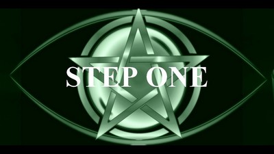 The image you’ve uploaded features a dark green background with a complex silver pentagram design in the center. Overlaid on the pentagram is bold white text that reads “STEP ONE.” The overall aesthetic of the image is mysterious and enigmatic, with the metallic elements of the pentagram and ovals giving it a reflective quality.