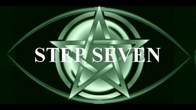 The image you’ve uploaded features a dark green background with a complex silver pentagram design in the center. Overlaid on the pentagram is bold white text that reads “STEP SEVEN.” The overall aesthetic of the image is mysterious and enigmatic, with the metallic elements of the pentagram and ovals giving it a reflective quality.