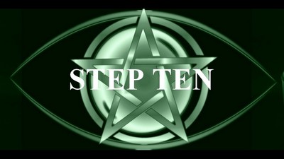 The image you’ve uploaded features a dark green background with a complex silver pentagram design in the center. Overlaid on the pentagram is bold white text that reads “STEP TEN.” The overall aesthetic of the image is mysterious and enigmatic, with the metallic elements of the pentagram and ovals giving it a reflective quality.