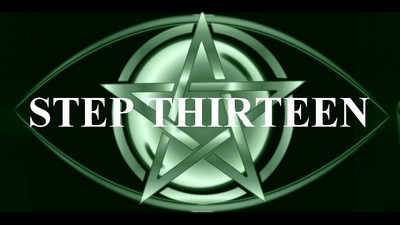 The image you’ve uploaded features a dark green background with a complex silver pentagram design in the center. Overlaid on the pentagram is bold white text that reads “STEP THIRTEEN.” The overall aesthetic of the image is mysterious and enigmatic, with the metallic elements of the pentagram and ovals giving it a reflective quality.