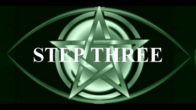 The image you’ve uploaded features a dark green background with a complex silver pentagram design in the center. Overlaid on the pentagram is bold white text that reads “STEP THREE.” The overall aesthetic of the image is mysterious and enigmatic, with the metallic elements of the pentagram and ovals giving it a reflective quality.