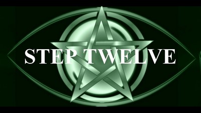 The image you’ve uploaded features a dark green background with a complex silver pentagram design in the center. Overlaid on the pentagram is bold white text that reads “STEP TWELVE.” The overall aesthetic of the image is mysterious and enigmatic, with the metallic elements of the pentagram and ovals giving it a reflective quality.