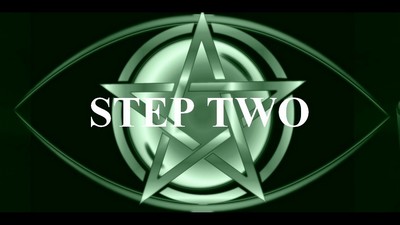 The image you’ve uploaded features a dark green background with a complex silver pentagram design in the center. Overlaid on the pentagram is bold white text that reads “STEP TWO.” The overall aesthetic of the image is mysterious and enigmatic, with the metallic elements of the pentagram and ovals giving it a reflective quality.