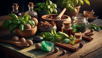 A photo-realistic depiction of a wooden table set with ingredients for a wealth and prosperity spell, including fresh basil leaves, cinnamon sticks, whole nutmegs, a jar of honey, and a green aventurine crystal, each symbolizing various aspects of abundance and success, arranged with intention and ready for spell casting.