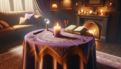 a simple altar draped with a purple cloth trimmed in gold, featuring a candle, crystal, spell book, wand, and chalice, set in a warm, homely environment.