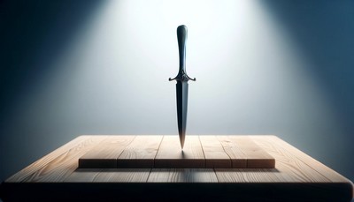 A photo-realistic image showcasing a sleek and black Athame, known as the Blade of Power, set upon a simple and sparse altar made of natural wood. The Athame's silver hilt is intricately designed, symbolizing power and protection. The scene is minimalistic, with a focused light illuminating the blade from above, casting soft shadows on the altar. This serene and focused depiction highlights the elegance and mystical significance of the Athame in a clear and uncluttered setting.