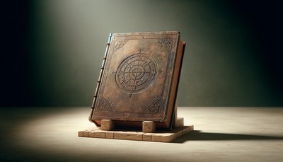 A photo-realistic depiction of a large, leather-bound Book of Shadows (Grimoire) resting on a sparse and simple altar made of natural wood. The book's aged leather cover is intricately embossed with subtle symbols and runes, suggesting the wealth of arcane knowledge contained within. Soft, diffused lighting enhances the texture of the leather and casts gentle shadows on the wooden altar, creating a serene atmosphere that underscores the book's significance as a sacred tool in magical practices. The setting is minimalistic, focusing attention on the mystical and ancient qualities of the Book of Shadows.