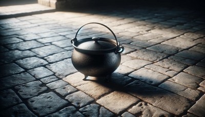 a small, cast iron cauldron set on a sparse, uneven stone floor. The cauldron, with its classic rounded shape and sturdy handle, sits solidly on the gray stone tiles, which vary in shade. The minimalistic setting highlights the cauldron's rustic charm and magical potential. Soft, natural light filters in, casting gentle shadows and illuminating the textures of the cauldron and stone, creating a serene atmosphere that captures the essence of traditional witchcraft practices.