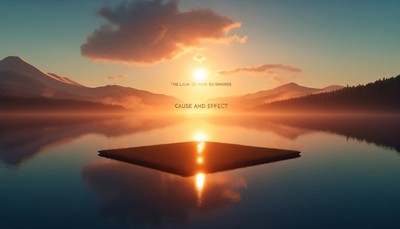 image of a serene sunrise over a calm lake, symbolizing the law of cause and effect, emphasizing new beginnings and the natural consequences of actions in a tranquil setting.