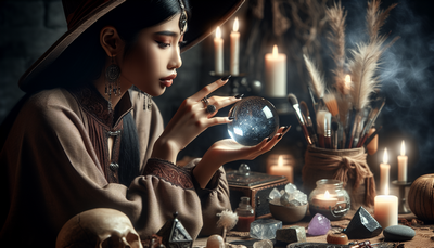 A photorealistic image of a young, beautiful witch of South Asian descent concentrating intently on a crystal ball resting on her altar, amidst various mystical artifacts. Her traditional witch attire subtly reflects her cultural background while also suggesting her magical abilities. There's a sense of tranquility yet potent magic emanating from the scene.