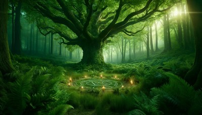 Enchanted forest setting with an ancient oak tree, surrounded by a circle of candles and herbs, depicting a mystical atmosphere for a Green Witches Coven.