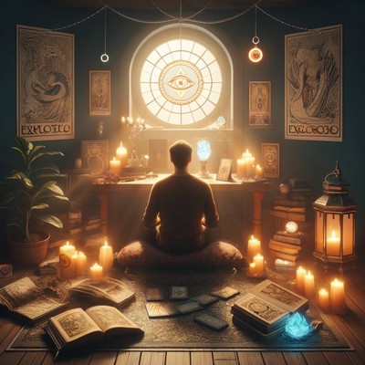 An individual seated in meditation, back facing the viewer, in a mystical room filled with tarot imagery, books, candles, and a crystal ball, under a symbolic eye pendant, embodying the study and advancement in tarot as a 'guidance explorer'.