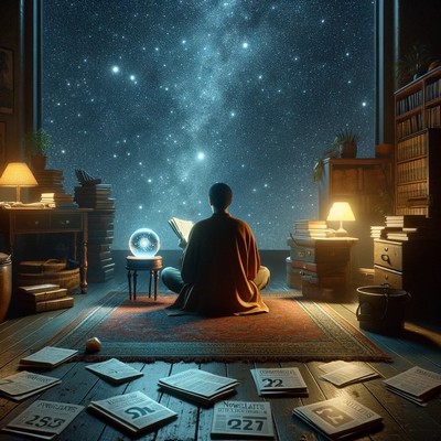 A person sitting on the floor in a room filled with books, gazing at a starry night sky that appears where the wall should be, surrounded by scattered papers and illuminated by a soft glow from a lamp.