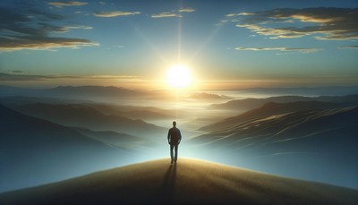 image of a person standing on a hill at dawn, looking towards a rising sun, symbolizing new beginnings and the power of belief. The image represents the theme of conviction and self-belief in a simple, uncluttered landscape.