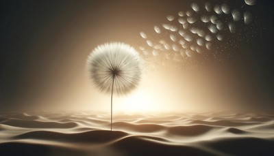 Photo-realistic image of a large dandelion seed head in the center, dispersing its seeds into the air under soft, warm lighting. The background features a subtle natural landscape, slightly out of focus, emphasizing the delicate nature of the seeds in flight.