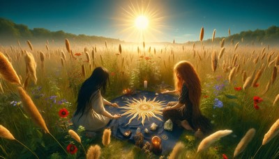 image of a sunlit field during the Festival of Litha, with two young female witches, one with long black hair and the other with wavy auburn hair, performing a ritual with a sun symbol and crystals on a cloth, celebrating the peak of summer's power in a field of tall grasses and wildflowers.