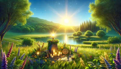 Serene landscape during the Summer Solstice with the sun at its peak, golden light over green fields and a tranquil lake, featuring a stone altar adorned with candles, flowers, and a golden chalice for a Midsummer ritual.