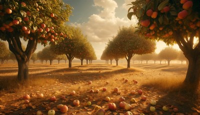 image of a simple, uncluttered orchard with mature apple trees under a clear autumn sky, scattered with fallen apples and autumn leaves, capturing the essence of the harvest and the equinox, with soft golden lighting typical of an autumn afternoon.