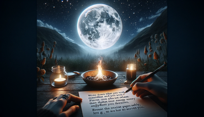 A pair of hands holding a quill pen is writing on a parchment, illuminated by candlelight, with a mystical full moon and silhouettes of people in the background.