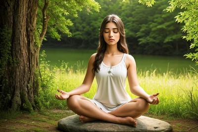 Woman meditating cross-legged in nature