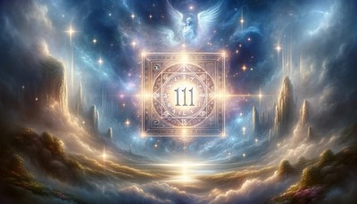 A mystical and serene scene featuring an ancient magic number square with the number 111 prominently displayed in the foreground. The background is a celestial landscape with a soft glow, hinting at spiritual guidance with light rays and sparkles symbolizing abundance, love, and happiness. Subtle angelic or esoteric entities are depicted as light or translucent figures.