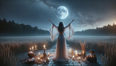 Woman outside with arms outspread invoking the power of the moon.