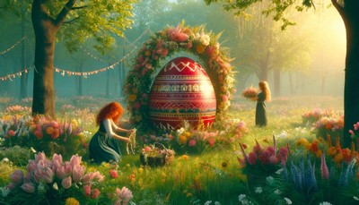 Photorealistic image of a vibrant spring meadow during the Festival of Ostara, with two young female witches, one with curly red hair and one with straight blonde hair, arranging floral wreaths near a large decorated egg, symbolizing fertility and renewal.