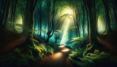 A serene pathway leading into a lush, mystical forest, bathed in a soft, ethereal light that invites exploration and wonder.