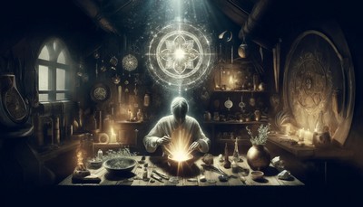 A dimly lit workshop scene where an artisan is crafting a protection amulet that radiates mystical light, surrounded by ancient tools, crystals, herbs, and ethereal protective symbols.