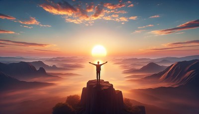 A person stands on a cliff at sunrise, arms outstretched towards the rising sun, surrounded by a serene and peaceful landscape, symbolizing limitless possibilities, positive energy, and the power of affirmations.