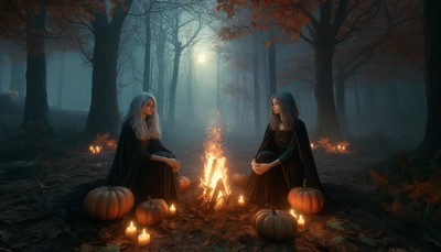 image of a twilight autumn forest setting with two young female witches, one with silver hair and one with dark brown hair, seated near a crackling bonfire surrounded by pumpkins and candles, capturing the mystical and reflective atmosphere of the Festival of Samhain.