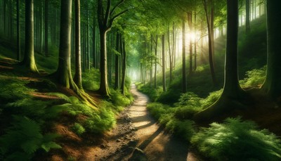 Photorealistic image of a scenic hiking path meandering through lush green forests with towering trees and sunlight filtering through the leaves, casting dappled light on the path. The image symbolizes adventure and exploration, inviting viewers to embark on a journey through the tranquil and vibrant woodland environment