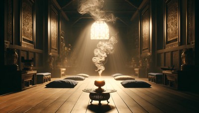A serene, dimly lit meditation room with meditation cushions on the floor and a small table holding an incense burner, casting gentle, fragrant smoke into the air, symbolizing the moment before receiving profound guidance from a Spirit Guide.