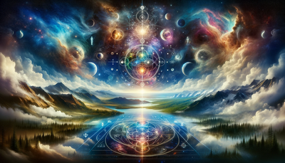 Image depicting the Universal Law of Correspondences. The upper half showcases celestial landscapes with stars, planets, and ethereal lights, symbolizing the heavenly realm. The lower halves mirror these with vibrant earthly scenes of mountains, forests, and rivers, representing the earthly realm. Symbols and lines connect these realms, illustrating the interconnectedness and reflection between the macrocosm and microcosm, in a harmonious composition that embodies balance, unity, and the mystical principle of the universe's coherence.