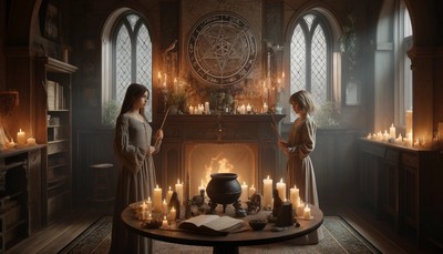 Image of an indoor Wiccan altar in a dimly lit room, with two young female witches, one brunette and one blonde, dressed in ceremonial robes and casting a spell beside candles, crystals, and a cauldron.
