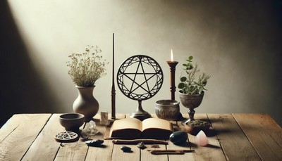 A serene display of traditional witchcraft tools including a pentacle, wand, chalice, book of shadows, and an assortment of herbs and crystals, arranged on a rustic wooden table, highlighted by soft, natural light to enhance the mystical atmosphere.