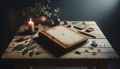 image of a rustic wooden table with an open leather-bound journal filled with handwritten notes and symbols, accompanied by natural elements like leaves, a small crystal, and a candle, set in a dimly lit room suggesting a quiet space for magic and meditation.