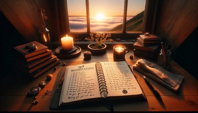 An open journal on a wooden desk contains neatly written goals, following the three times in the morning, six in the afternoon, and nine in the evening pattern. A pen lies beside the journal, and a small candle burns nearby, casting a warm glow. The scene, illuminated by the soft light of dawn, creates a calm and focused atmosphere for personal growth and manifestation.