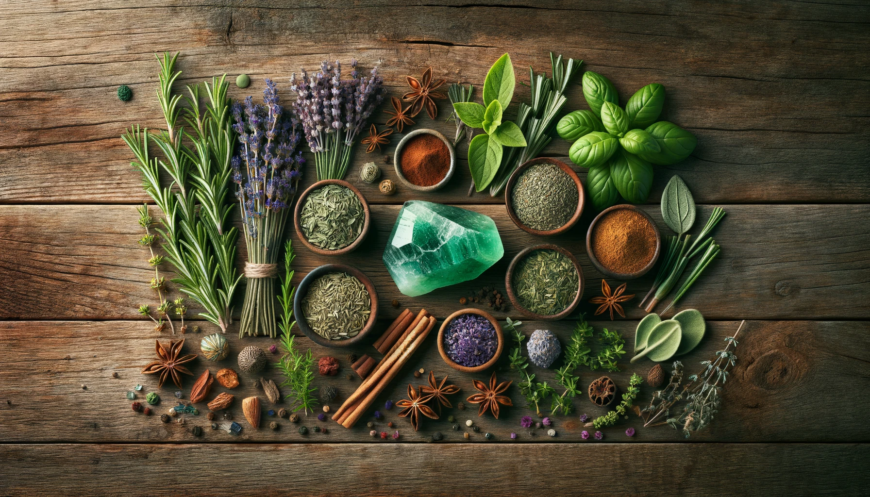 A serene collection of assorted herbs and spices, including rosemary, thyme, lavender, cinnamon sticks, and star anise, neatly arranged with a shimmering green aventurine crystal on a rustic wooden surface, highlighting natural beauty and simplicity.