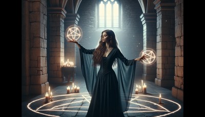 A young, attractive witch in a simple, elegant robe performs the "Lesser Banishing Ritual of the Pentagram" in a dimly lit, spacious stone room. She gracefully raises her arms, tracing glowing pentagrams in the air, surrounded by flickering candles that cast long shadows, embodying a serene and mystical atmosphere.