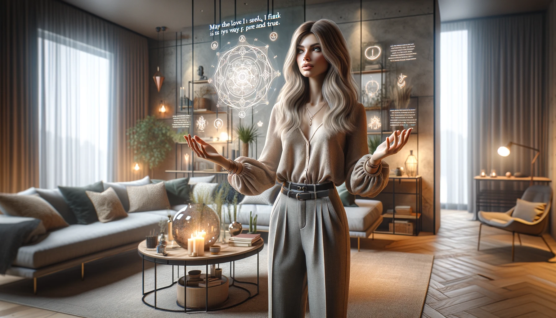 AI image of a modern, stylish young witch reciting a spell in her cozy lounge. She stands centered in a room with modern furnishings, her expression focused and serene, hands outstretched as if channeling energy. On the right side of the image, the spell 'May the love I seek find its way to my heart, pure and true' is artistically integrated into the scene, merging the mystical with a contemporary setting.