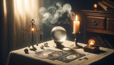 A simple, mystical scene featuring a table with a modest cloth, Tarot cards with intricate designs, a glowing crystal ball, and a pendulum. The background shows a dimly lit, cozy room with a single candle casting a warm light and subtle, swirling smoke, capturing the essence of ancient divination practices in a minimalistic setting.