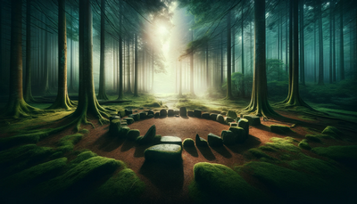 An Image depicting a serene and mystical forest clearing with a stone circle